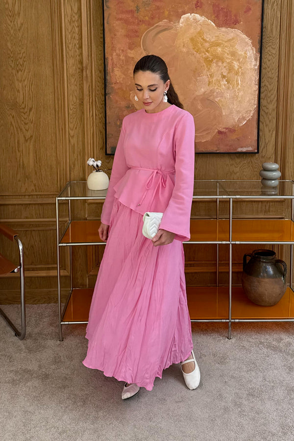 Asimetrik Keten Etek Takım - Pembe