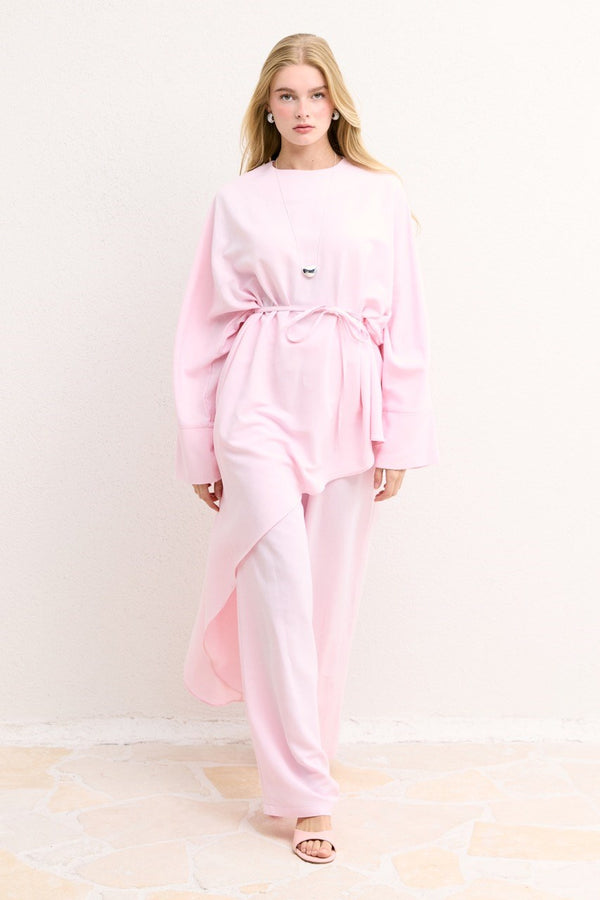 Asimetrik Kuşaklı Pantolon Takım - Pembe