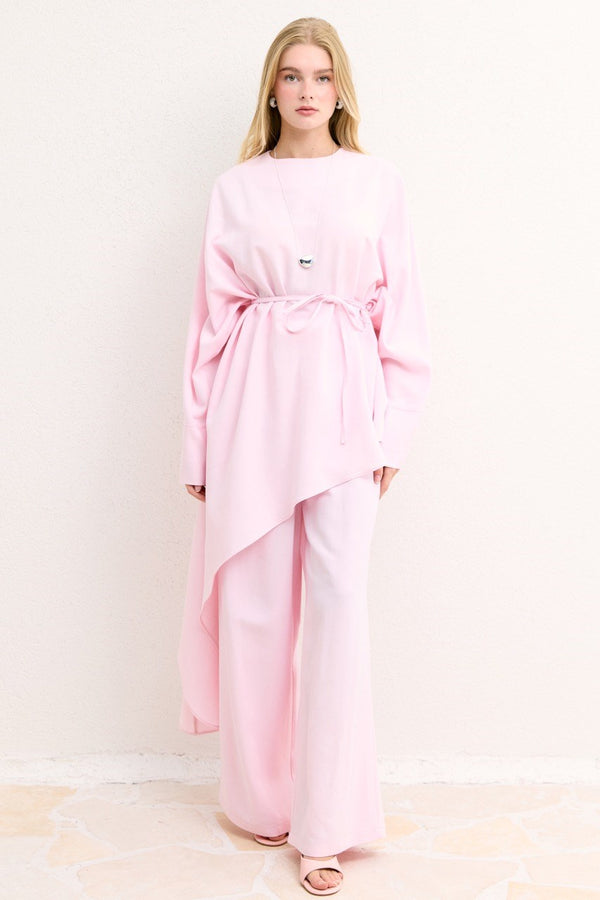 Asimetrik Kuşaklı Pantolon Takım - Pembe