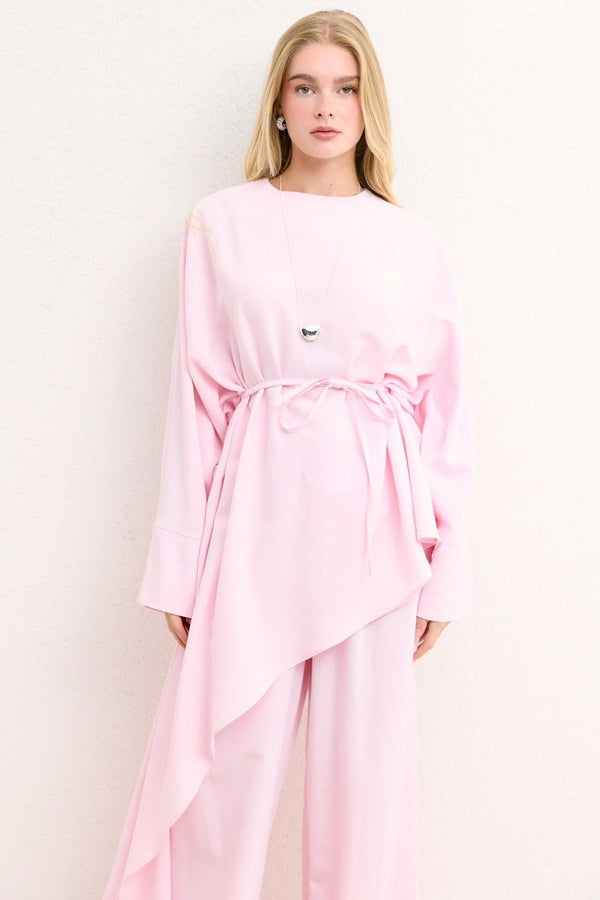 Asimetrik Kuşaklı Pantolon Takım - Pembe