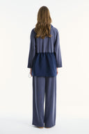 Wide Collar Trimmed Wide-Leg Trouser Set - Navy Blue