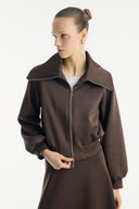 Stone-Embellished Collar Zippered Scuba Skirt Set - Coffee