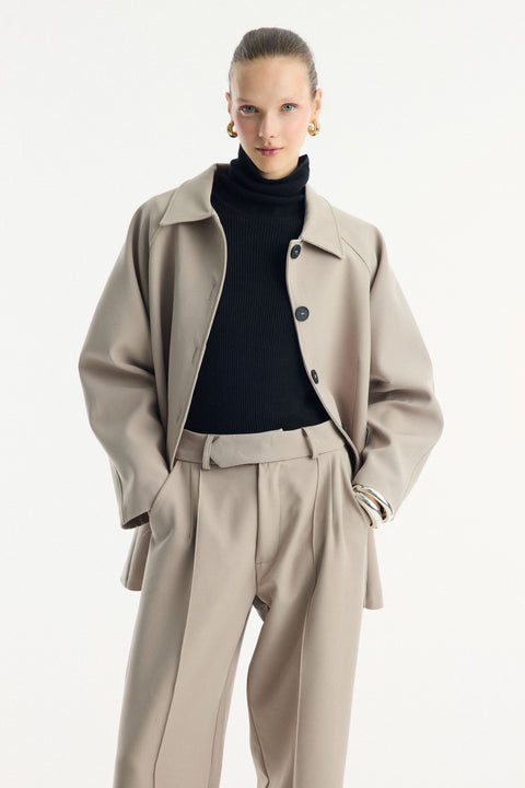 Button-Detail Belted Jacket - Stone