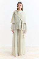 Shoulder Pleat Detail Yoryo Chiffon Pants Set - Sage