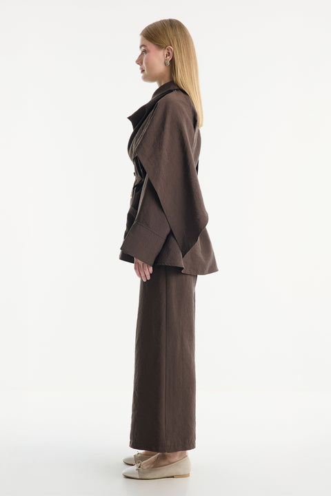 Shawl Collar Detailed Cupra Pant Set - Coffee