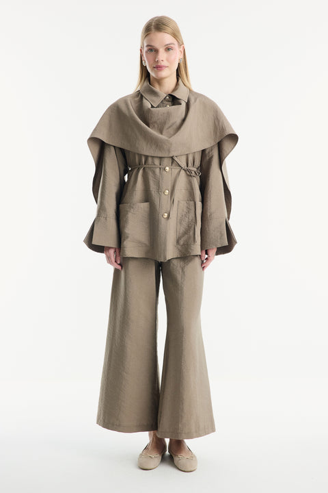 Shawl Collar Detail Cupro Trouser Set - earth
