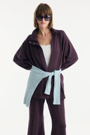 Belt-Detail Stand-Up Collar Set with Comfortable Trousers - Burgundy