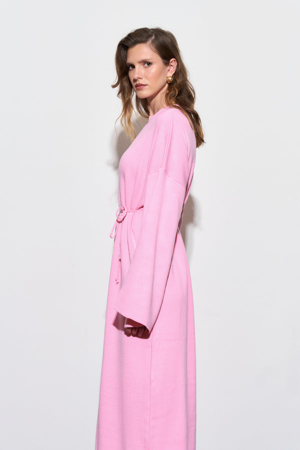 Basic Triko Kuşaklı Elbise - Pembe