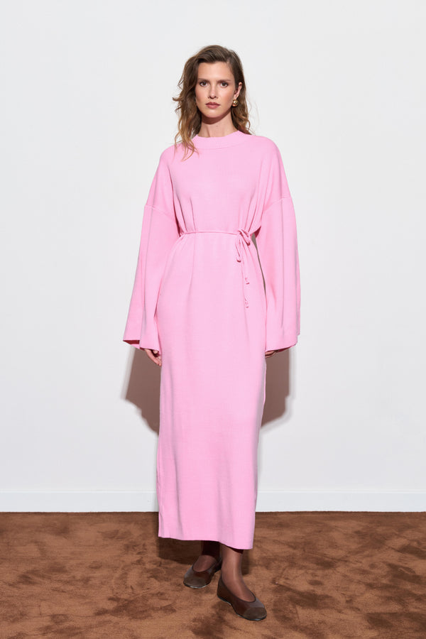 Basic Triko Kuşaklı Elbise - Pembe