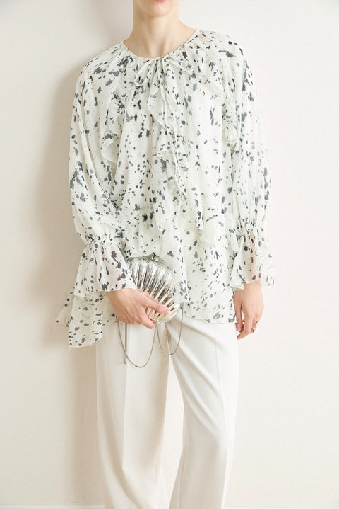 Printed Chiffon Ruffled Shirt - Ecru