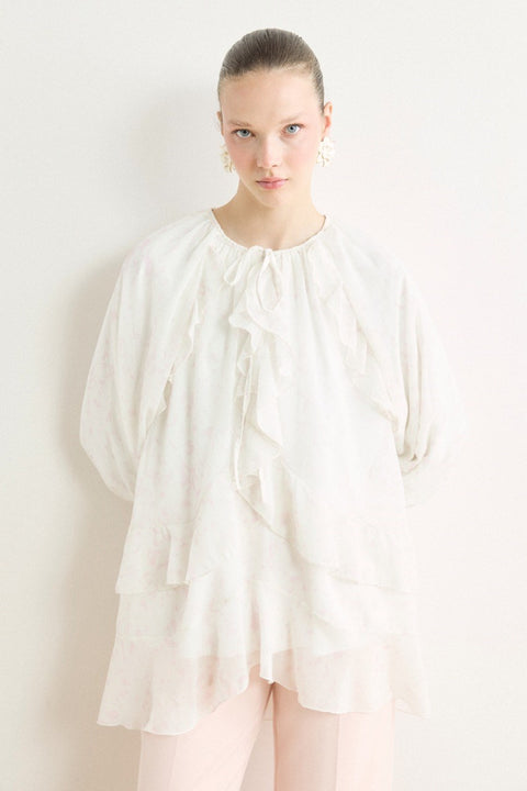 Printed Chiffon Ruffled Shirt - Pink