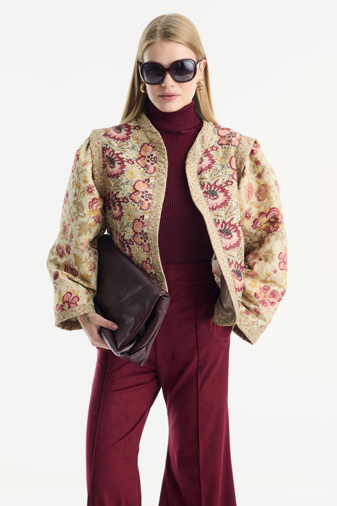 Floral Print Quilted Jacket - Burgundy