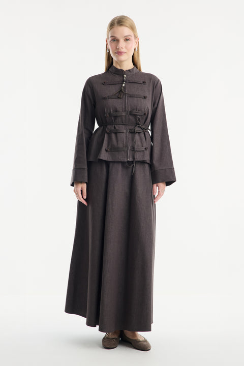Button-Front Denim Skirt Set - Coffee