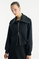 Stone-Embellished Collar Zippered Scuba Skirt Set - Black