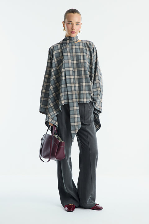Mock Neck Plaid Poncho - Gray