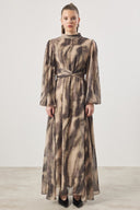Waist-Tie Detail Yoryo Chiffon Printed Dress - Khaki