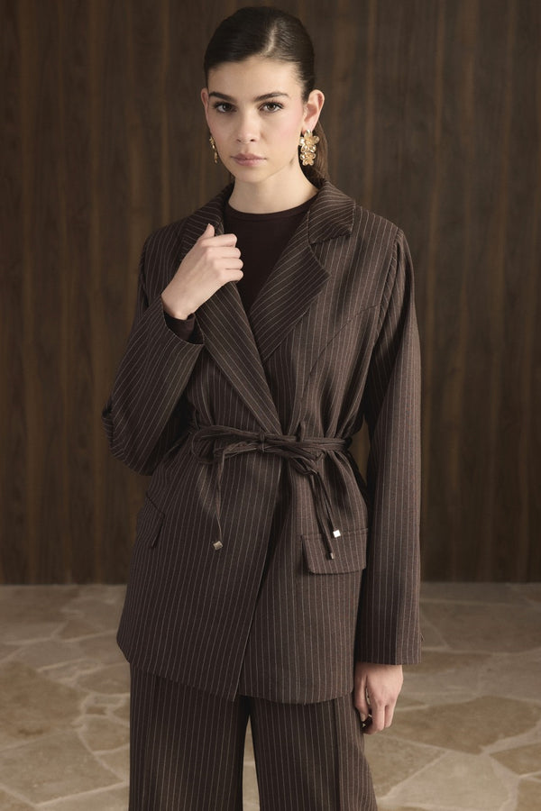 Bel Bağlamalı Blazer Ceket Takım - Acı Kahve