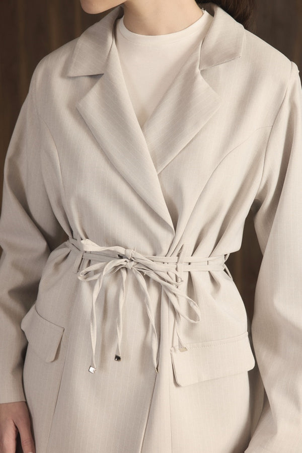 Bel Bağlamalı Blazer Ceket Takım - Açık Gri