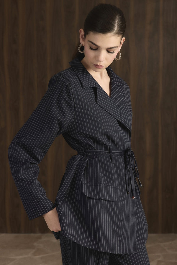 Bel Bağlamalı Blazer Ceket Takım - Koyu Lacivert