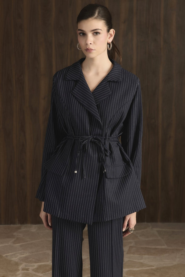 Bel Bağlamalı Blazer Ceket Takım - Koyu Lacivert