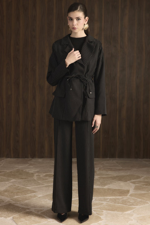 Bel Bağlamalı Blazer Ceket Takım - Siyah