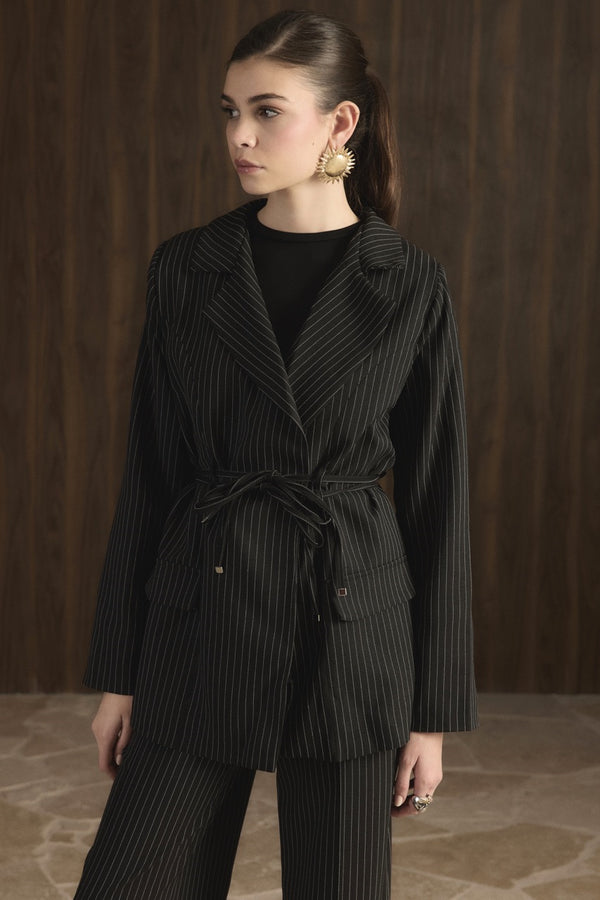 Bel Bağlamalı Blazer Ceket Takım - Siyah