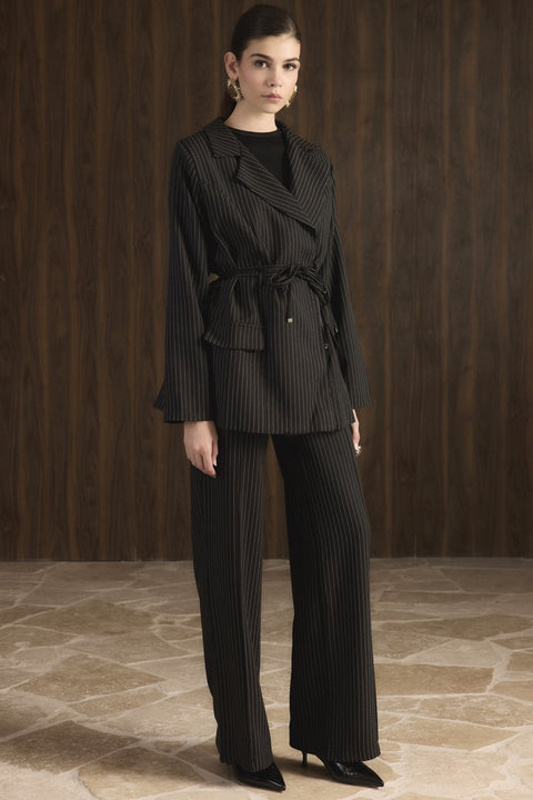Bel Bağlamalı Blazer Ceket Takım - Siyah