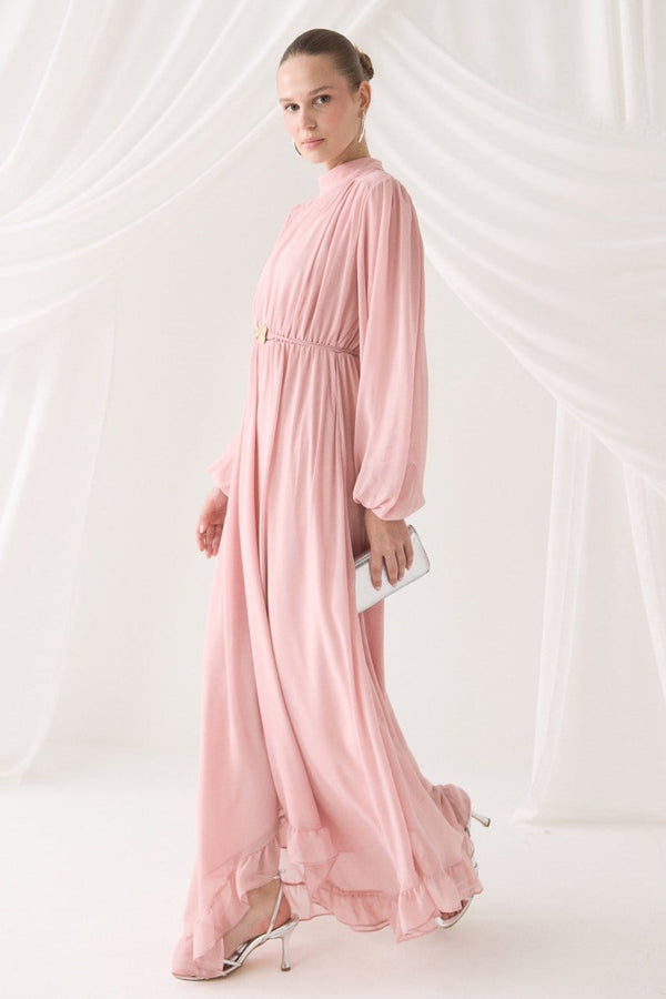 Bel Büzgülü Fırfırlı Şifon Elbise - Pembe