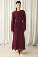 Waist-Cinched Chiffon Dress - Burgundy