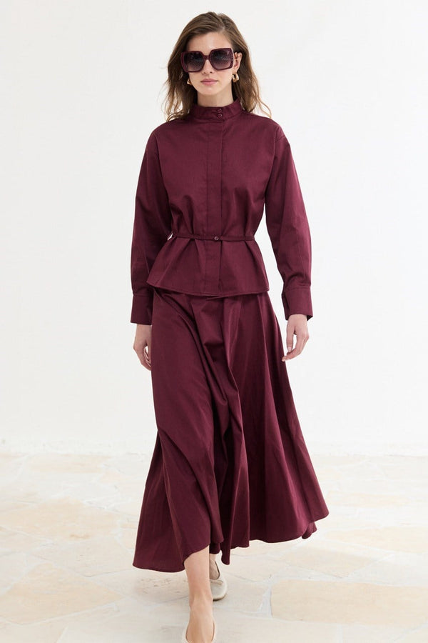 Bel Detaylı Compact Saten Etek Takım - Bordo