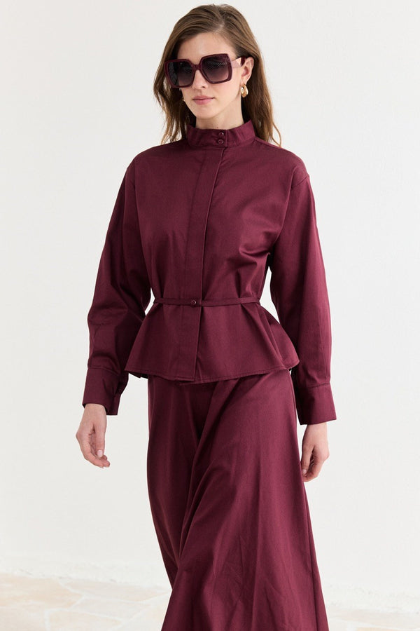 Bel Detaylı Compact Saten Etek Takım - Bordo