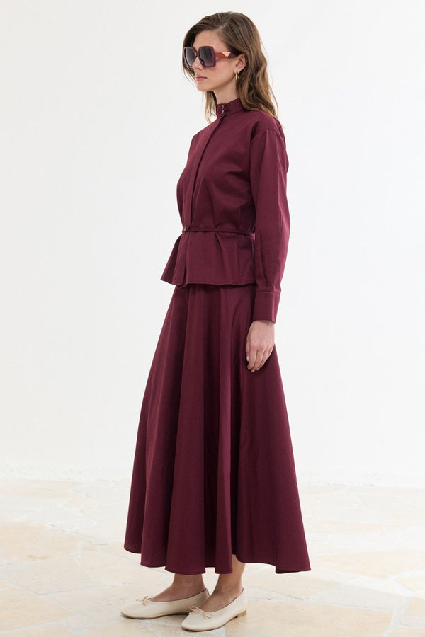 Bel Detaylı Compact Saten Etek Takım - Bordo