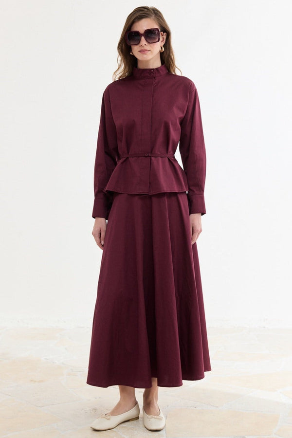Bel Detaylı Compact Saten Etek Takım - Bordo