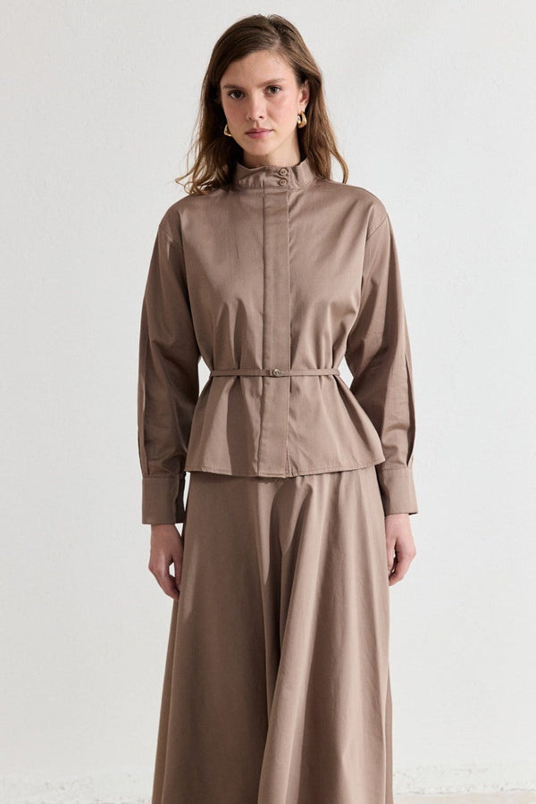Bel Detaylı Compact Saten Etek Takım - Camel