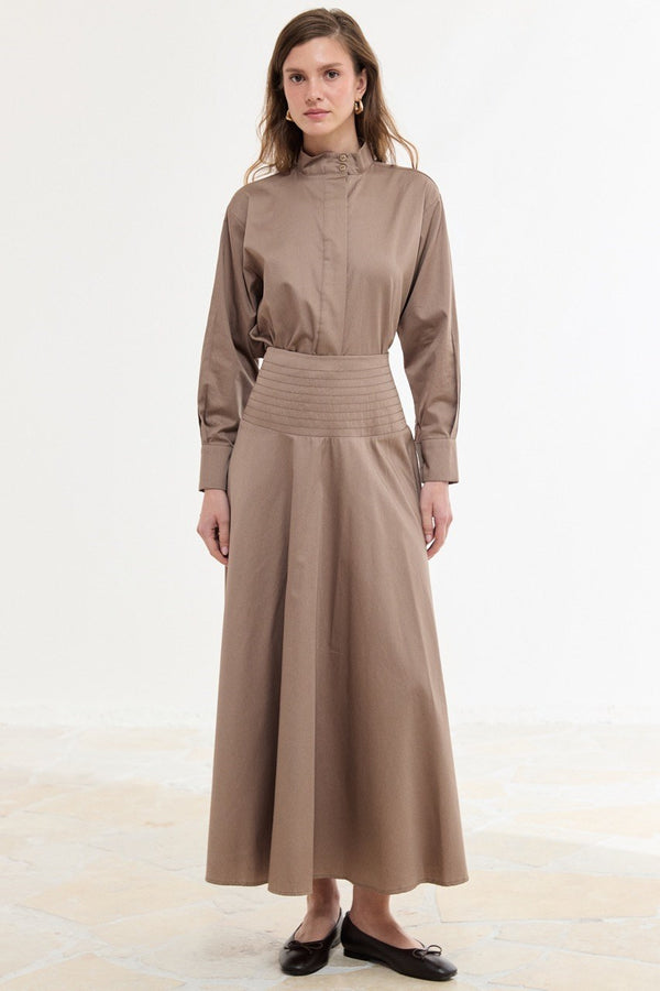 Bel Detaylı Compact Saten Etek Takım - Camel