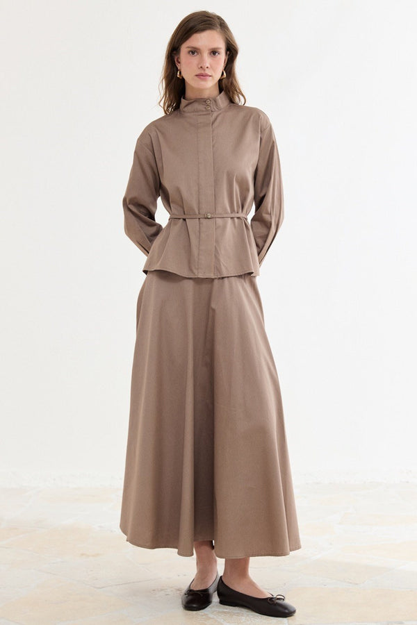 Bel Detaylı Compact Saten Etek Takım - Camel