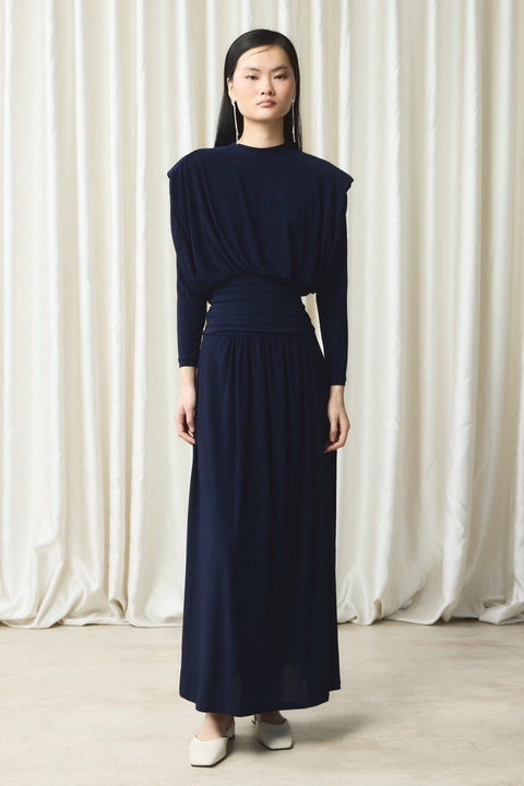 Waist Pleated Sendy Dress - Navy Blue