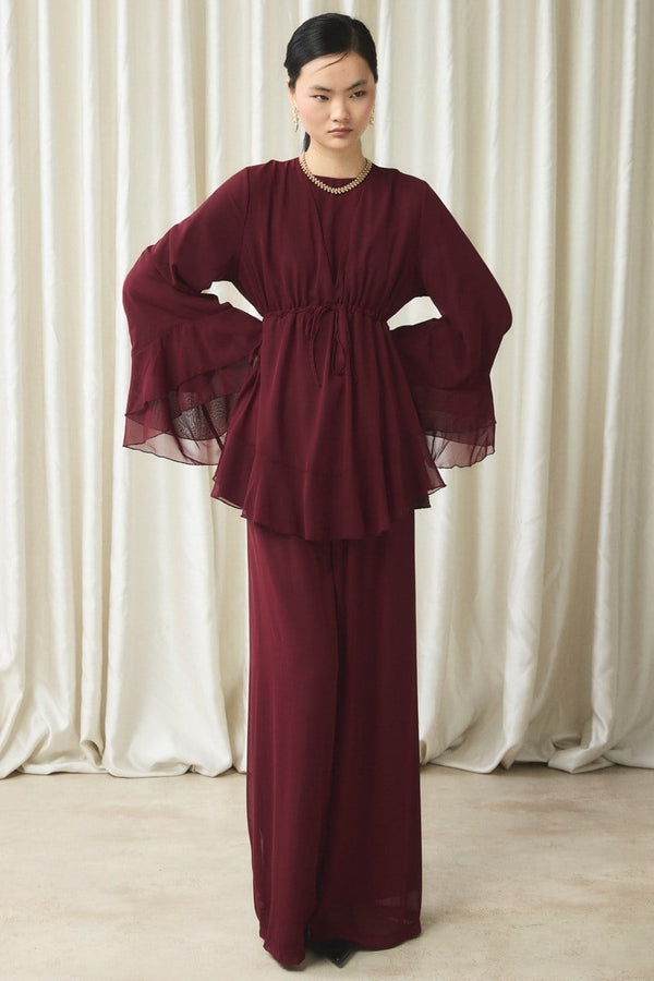 Bel Tünelli Şifon Takım - Bordo