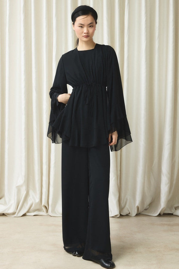 Bel Tünelli Şifon Takım - Siyah