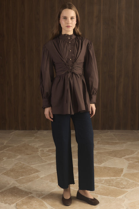 Waist-Tie Button-Down Ruffled Shirt - Brown