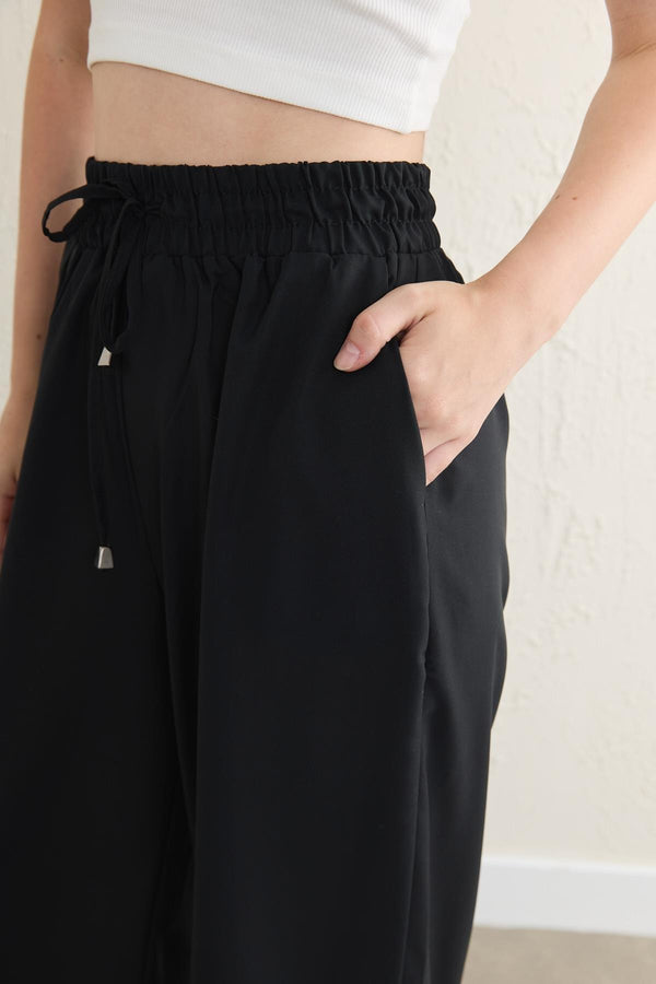 Beli Lastikli Bol Paça Pantolon - Siyah