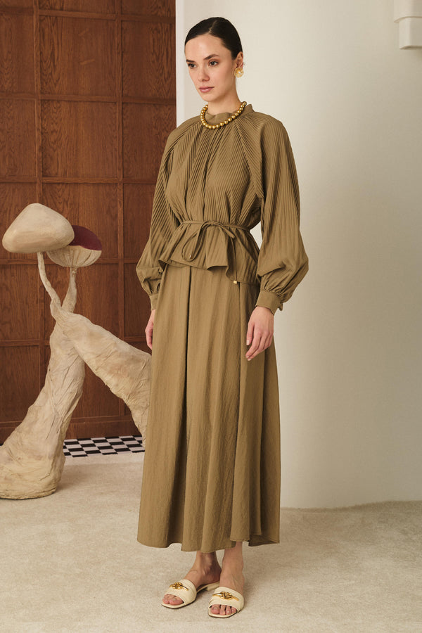 Bloom Dik Piliseli Etek Takım - Camel