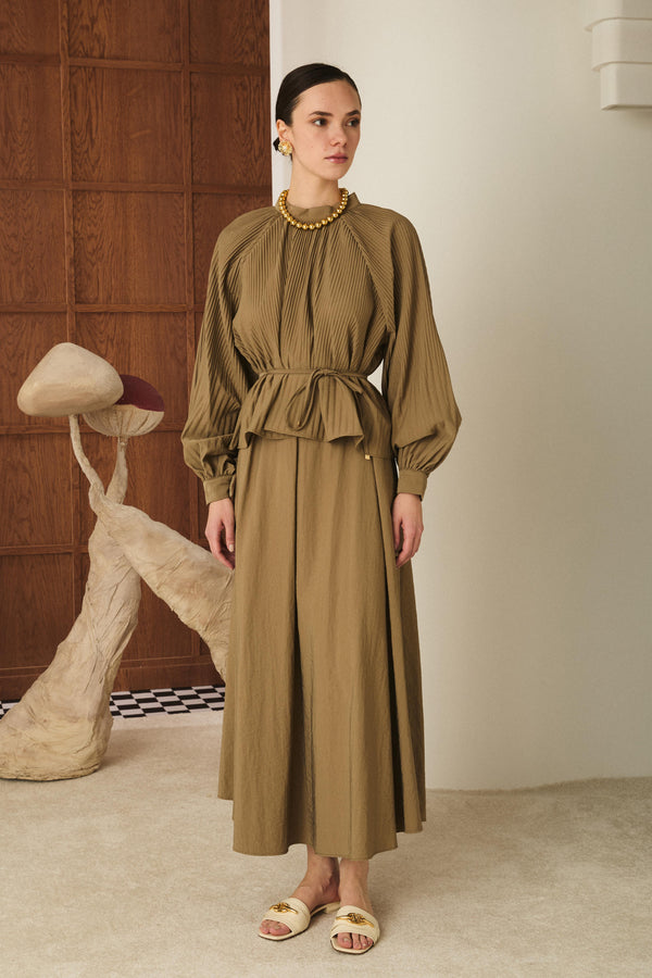 Bloom Dik Piliseli Etek Takım - Camel