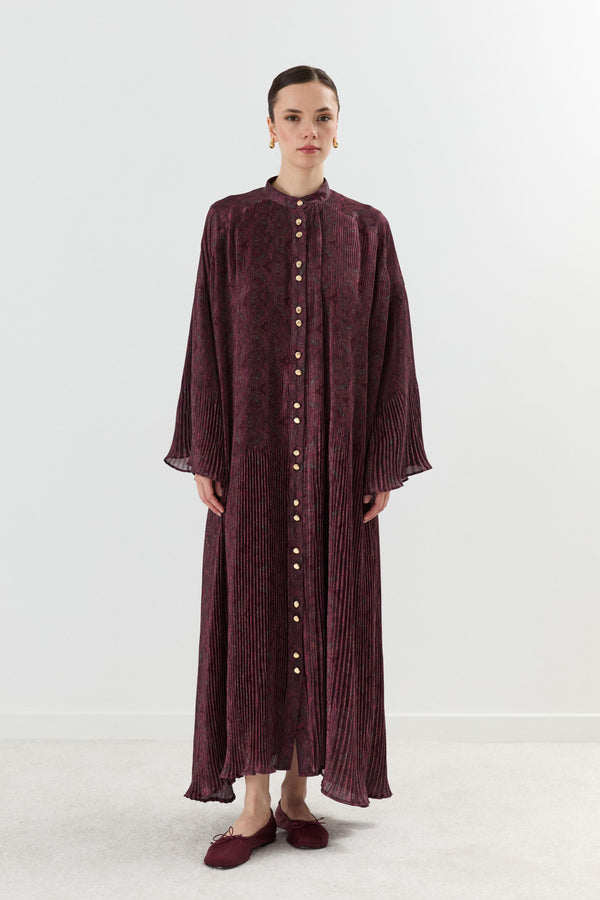 Briar Desenli Dik Piliseli Elbise - Bordo
