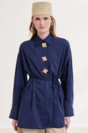 Brooch-Detailed Cuff Dacron Shirt - Navy Blue