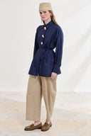 Brooch-Detailed Cuff Dacron Shirt - Navy Blue
