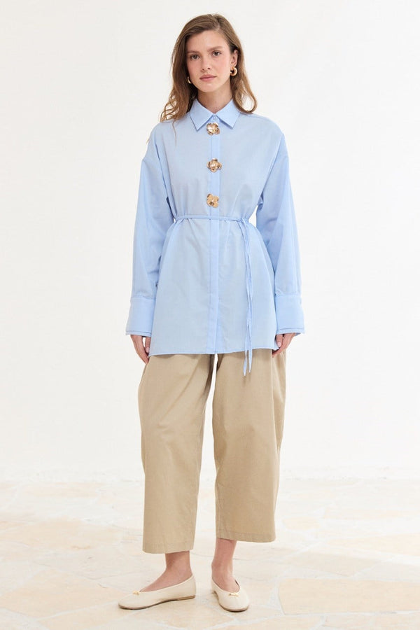 Broşlu Manşet Detaylı Dacron Gömlek - Mavi