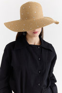 Wide Straw Hat with Stone Detail - Camel