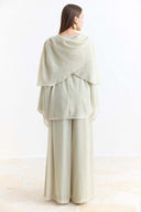 Shoulder Pleat Detail Yoryo Chiffon Pants Set - Sage