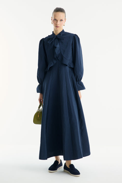 Front Cross Ruffle Detail Dress - Navy Blue